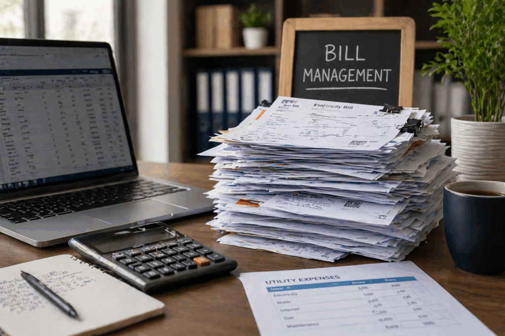 Utility bill management setup with invoices, calculator, and laptop showing expense tracking for rental property operations