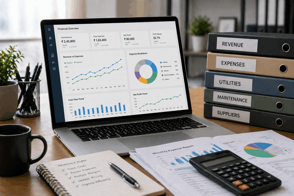 Rental property financial management setup with expense tracking, categorized costs, and data-driven pricing analysis on laptop