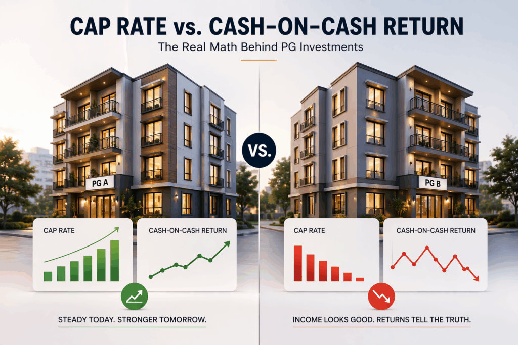 Minimal infographic comparing two PG buildings&mdash;one with strong, stable returns (green upward graphs) and one with weak, volatile returns (red downward graphs).