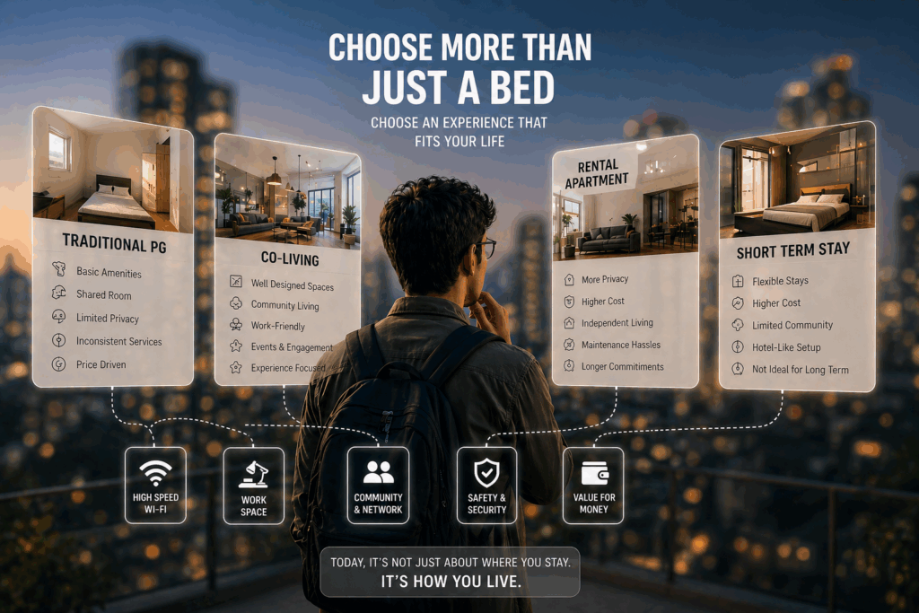 A modern co-living PG corridor with multiple rooms, one room brightly lit and occupied while another room is dark with an empty bed inside, subtle floating translucent rupee symbols fading near the empty room, soft cinematic lighting, minimal and clean composition, no text, no charts, semi-realistic illustration style, representing vacancy as silent financial loss