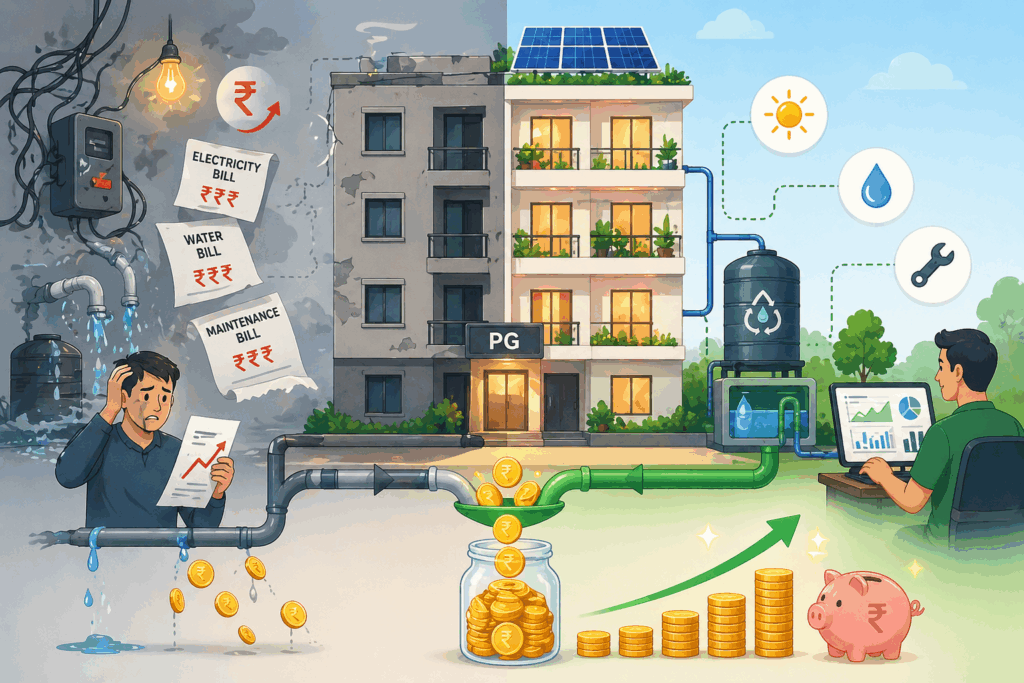 Split-screen illustration of a PG building showing financial impact of sustainability&mdash;left side depicts leaking pipes, rising utility bills, and money loss, while right side shows solar panels, water recycling, and coins accumulating into savings with an upward growth graph.