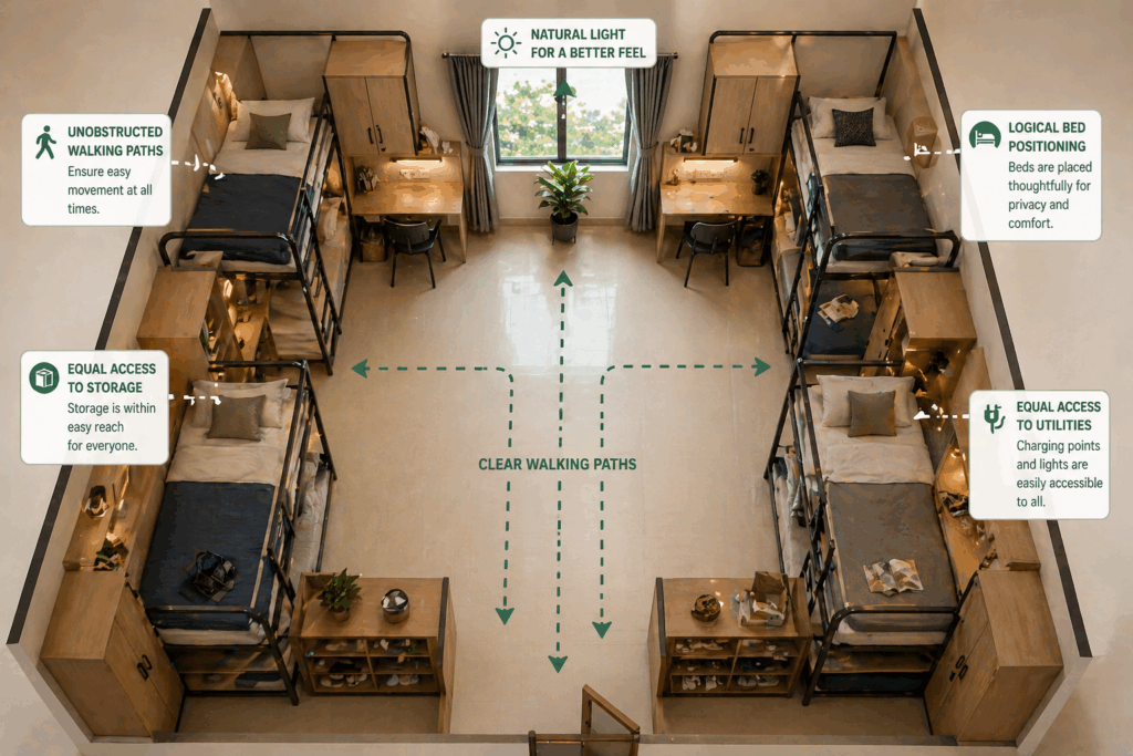 Isometric layout of a well-designed PG room showing bunk beds, organized storage, and clear walking paths for easy movement.