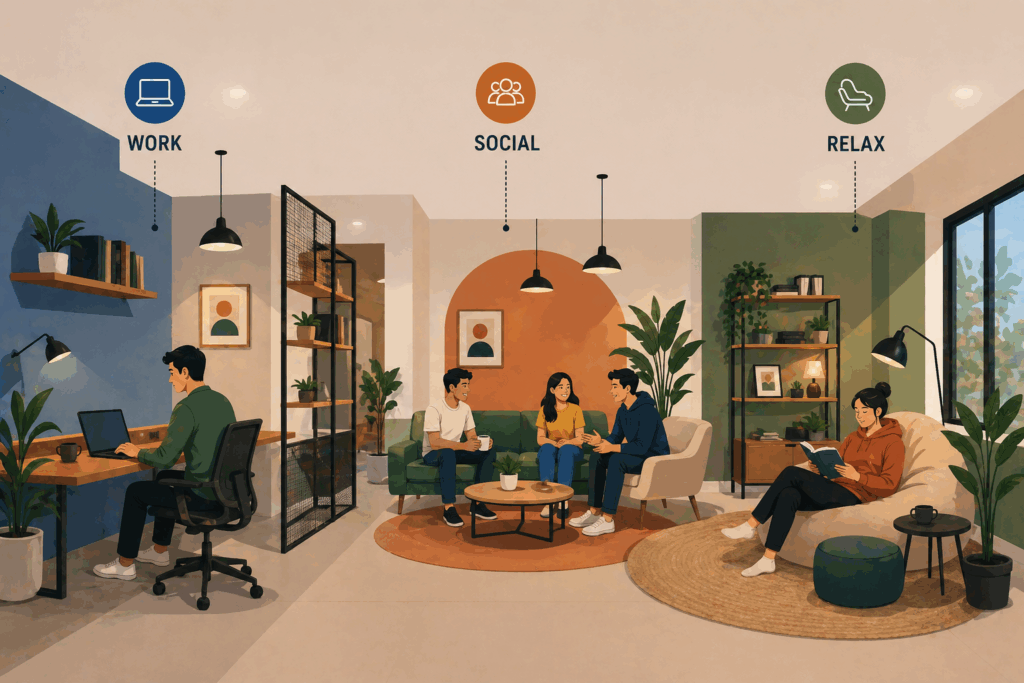 Modern PG common area with work, social, and relaxation zones designed for Gen Z tenant lifestyle and usability