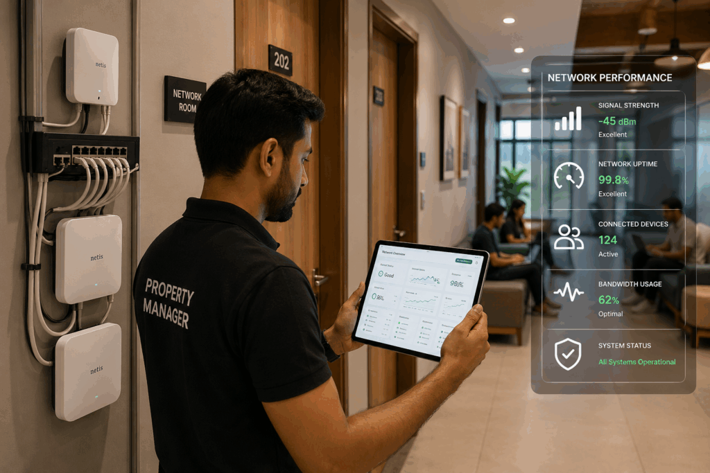 Modern co-living PG corridor with property manager monitoring Wi-Fi network performance on tablet, showing mesh routers, uptime metrics, and bandwidth usage