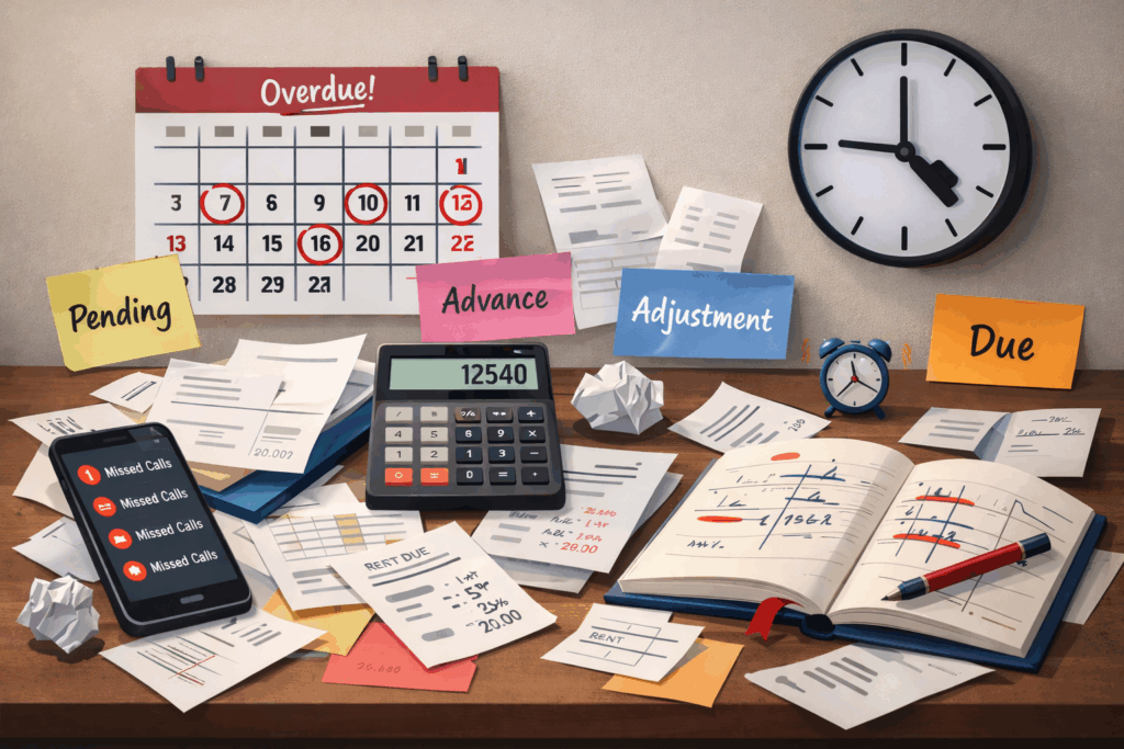Cluttered office desk with paper ledgers, scattered payment receipts, calculator, sticky notes labeled pending and due, missed calls on phone, and calendar showing overdue rent dates.