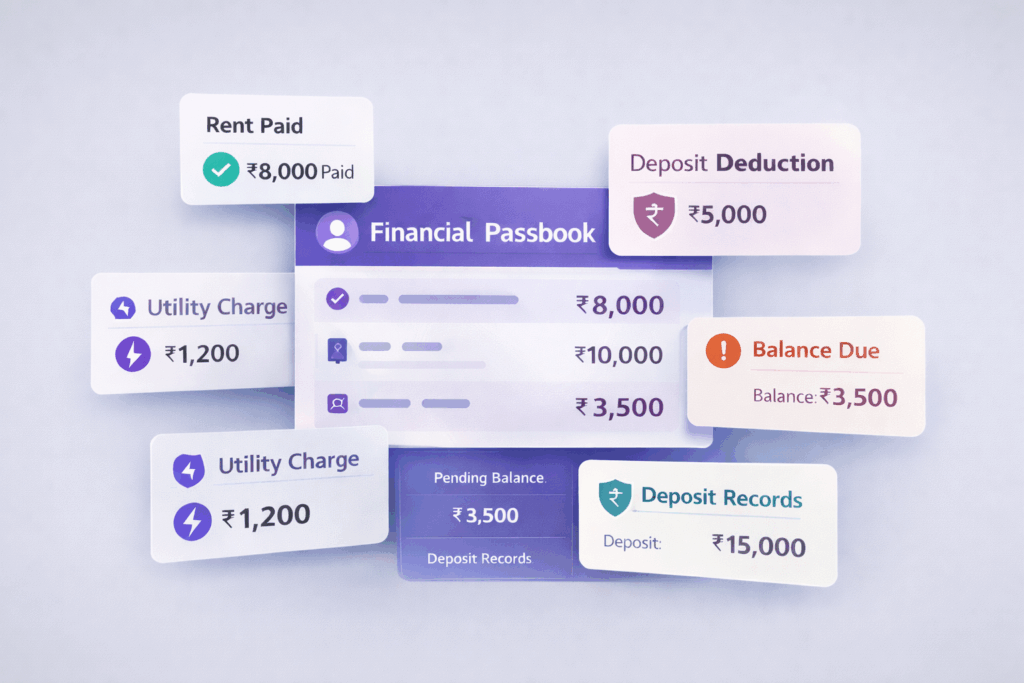 Tenant digital passbook interface showing rent payments, security deposit tracking, utility charges, and pending balance in a clean minimal layout
