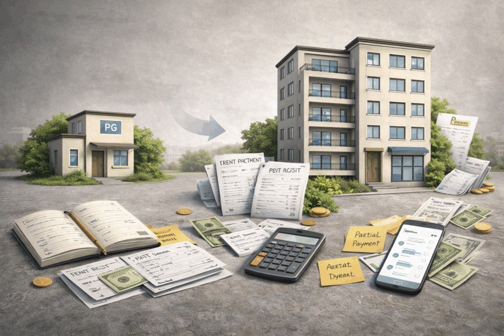 A growing PG accommodation building transitioning from a small property to a larger multi-story building, surrounded by financial tracking elements like rent receipts, notebooks, calculator, cash, utility bills, sticky notes for partial payments, and a smartphone showing payment records, representing financial tracking challenges as PG operations grow.