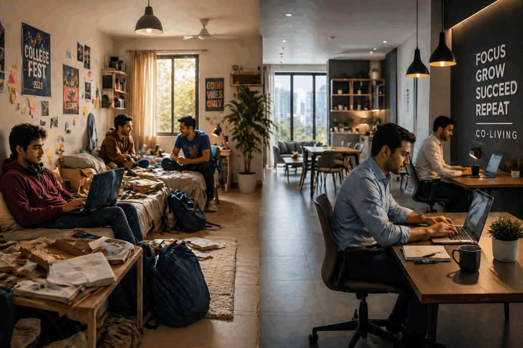 Student housing vs corporate co-living comparison showing messy student room and organized professional workspace
