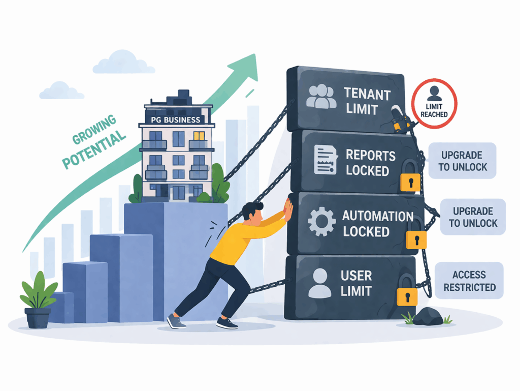 Free tenant management software, Top Free Tenant Management Software Analyzed, Rentok Illustration showing a growing PG building blocked by stacked barriers labeled tenant limit, reports locked, automation locked, and user limit, representing feature restrictions in free tenant management software slowing business growth.