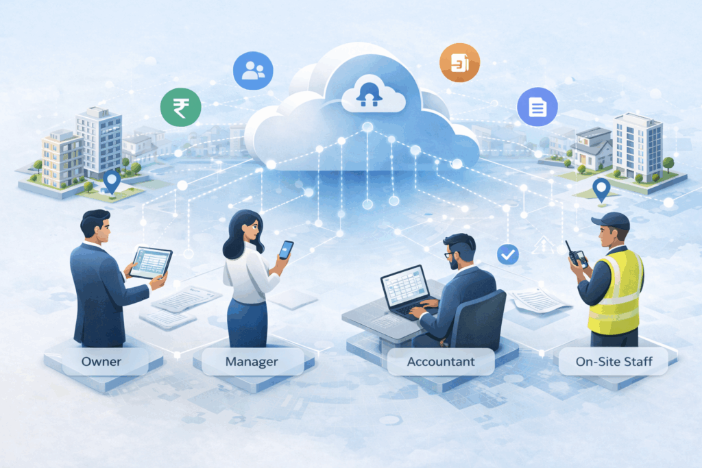 Cloud based rental property management collaboration showing owner manager accountant and on site staff connected through shared cloud system