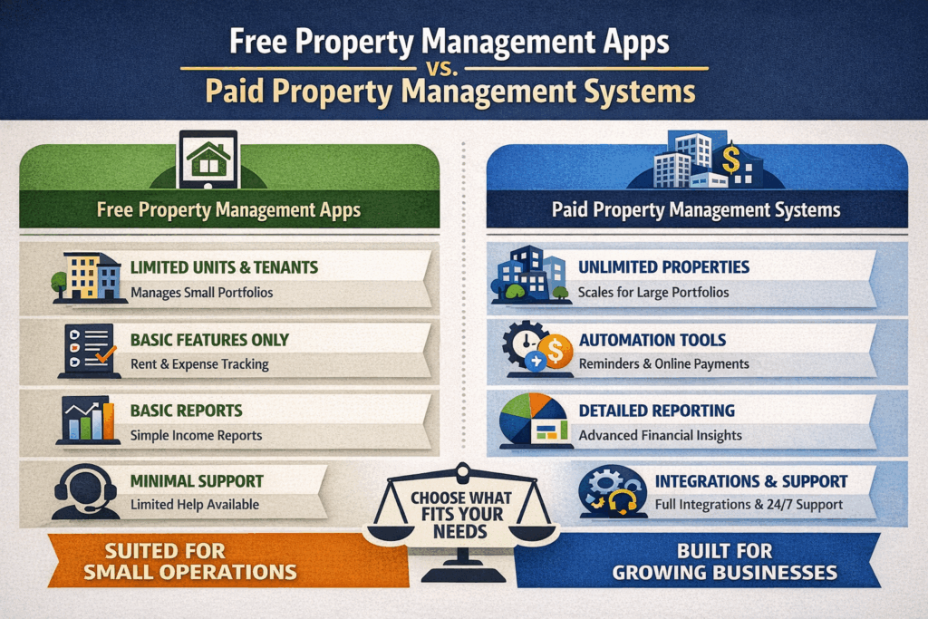 Best Property Management Apps Free, Best Property Management Apps Free for Small Landlords, Rentok Free vs paid property management software infographic showing features, limitations, and scalability differences.