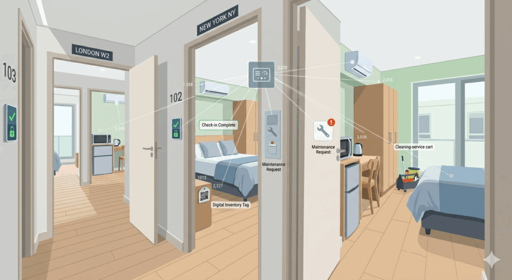 An infographic illustrating property management software. It shows data lines connecting smart devices, an air conditioner, a thermostat, inventory tags, and a cleaning cart to a central dashboard.