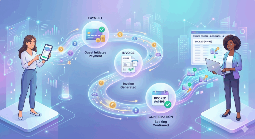 Booking Software for Rentals, How to Choose Booking Software for Rentals, Rentok A smooth-flowing stream of digital payments transforming into confirmed bookings, from guest to property owner.