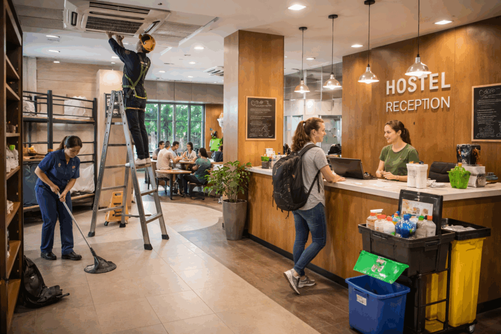 Commercial Lease Management Software, Commercial Lease Management Software vs. Residential, Rentok Hostel common area with staff performing maintenance tasks, including cleaning, repairs, and front desk operations, representing shared facility management.