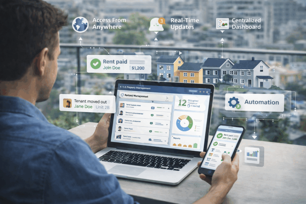 Online Property Management Software, What is Online Property Management Software?, Rentok Remote landlord managing properties online with real-time updates, centralized dashboard, and automation