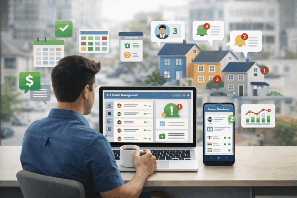 Best Property Management Apps Free, Best Property Management Apps Free for Small Landlords, Rentok Landlord managing 1–5 rental properties using a free property management app on laptop and mobile with rent tracking, tenant management, and reminders.