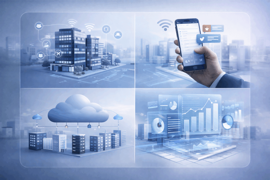 Realistic 3D infographic illustrating future trends in property management technology, divided into four connected sections: automation represented by automated workflow lines and smart building sensors, mobile-first platforms represented by a hand holding smartphone managing properties remotely, cloud-based systems represented by buildings connected to a cloud network, and data insights represented by floating holographic analytics charts. Clean professional corporate environment, realistic lighting, modern office style, subtle blue and white color palette, high quality, ultra realistic, 16:9, no text.