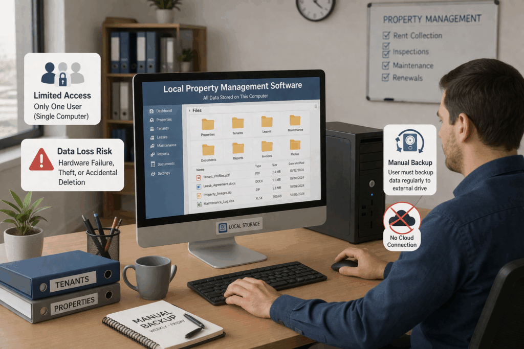 Man working on a desktop computer labeled "Local Property Management Software" in a small office, showing files stored locally with icons indicating limited access, manual backup, data loss risk, and no cloud connection.