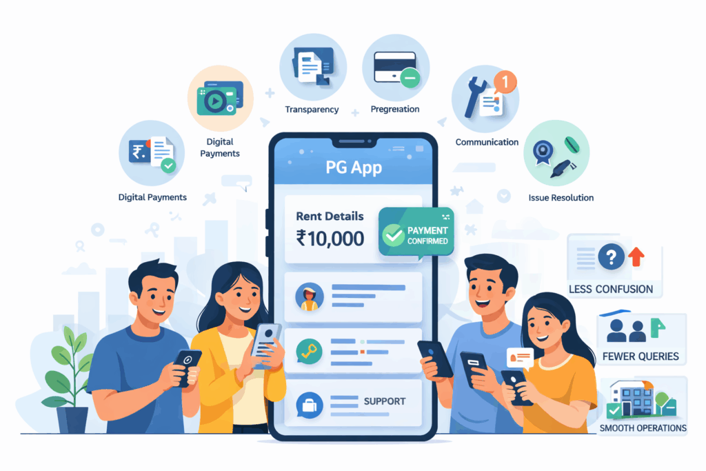 Best PG App, Creating a Better Living Experience with a PG App, Rentok Illustration of tenants using a PG mobile app to check rent details, make digital payments, communicate with management, and raise issues, showing improved tenant experience and smoother PG operations.