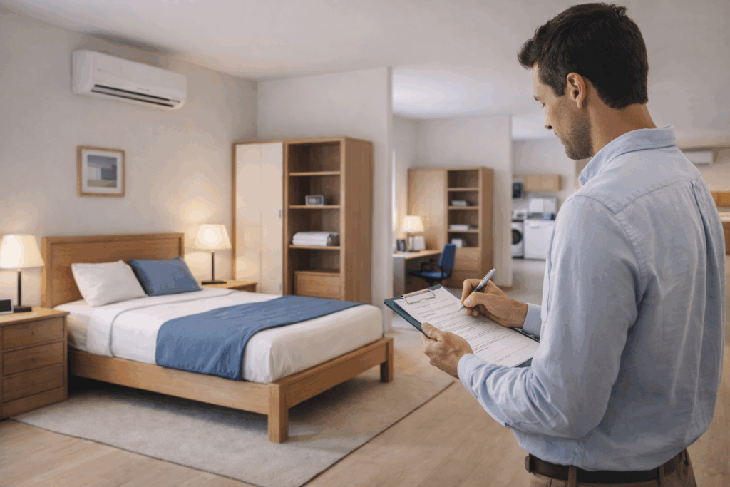 Property asset inspection in a furnished rental room with inventory tracking and maintenance check