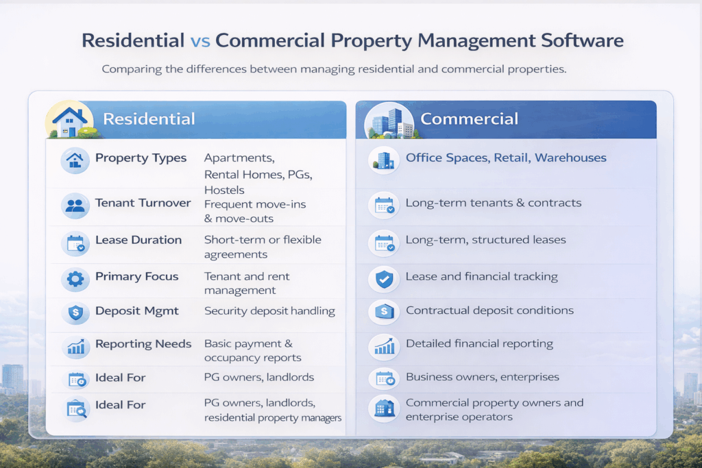 Residential vs Commercial Property Management Software comparison table