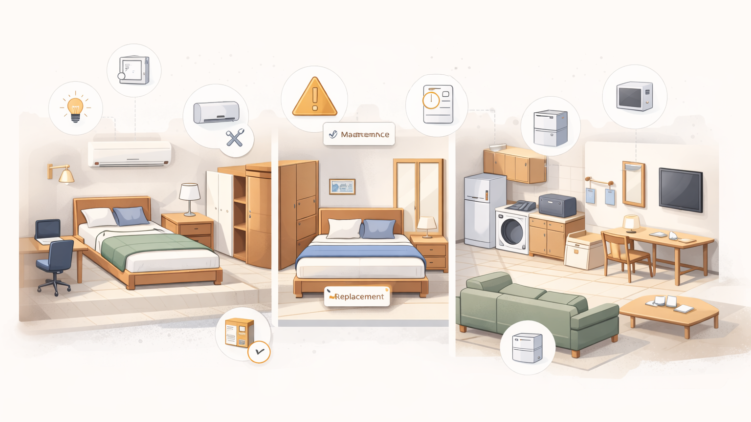 Rental inventory management showing furnished rooms with asset tracking and maintenance indicators