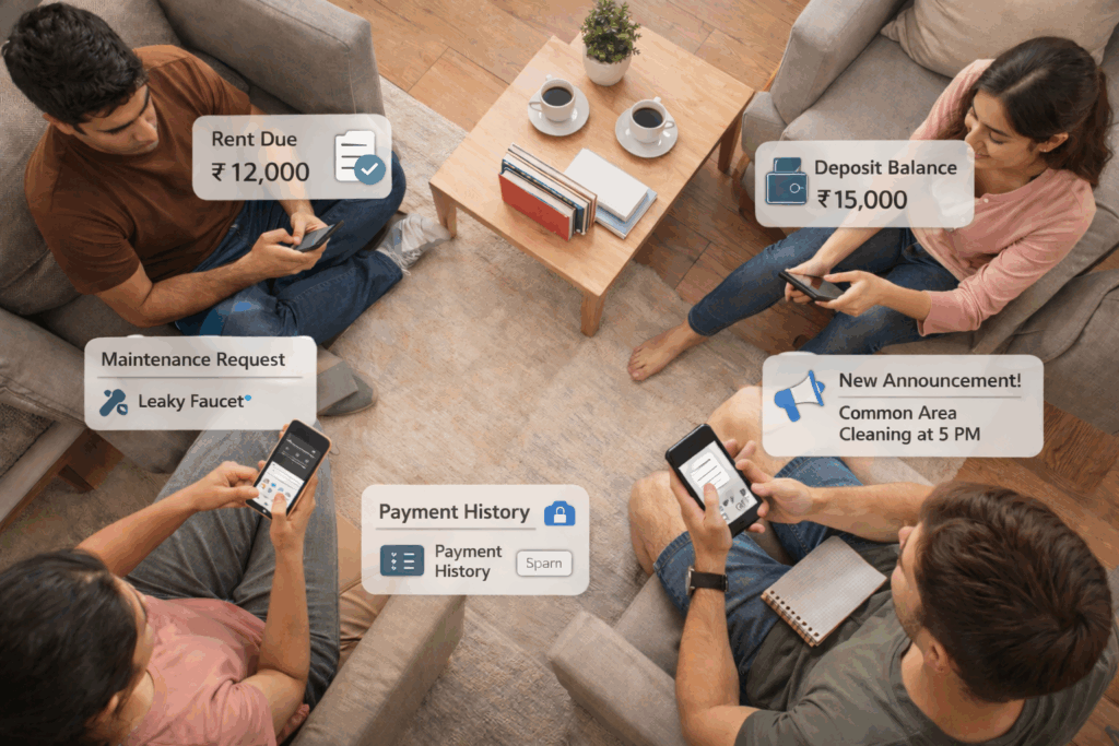 Free tenant management software, Top Free Tenant Management Software Analyzed, Rentok Top-down view of tenants in a shared PG common area using a mobile tenant app to check rent dues, payment history, maintenance requests, announcements, and deposit balance.