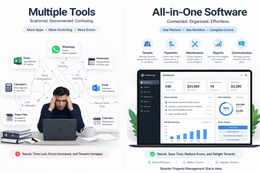 Split illustration showing scattered tools like Excel, WhatsApp, and notebooks causing confusion on the left, and a clean all-in-one dashboard with tenants, payments, maintenance, and reports on the right.