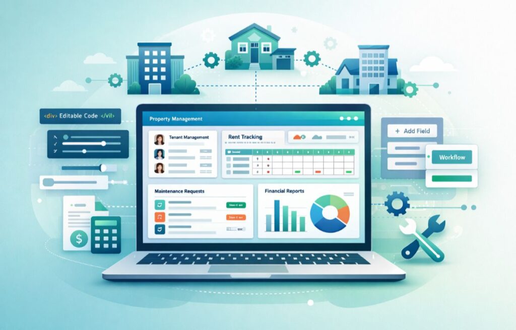 Illustration of a laptop showing open-source property management software with a customizable dashboard for tenants, rent, maintenance, and finances, surrounded by property icons and workflow tools.