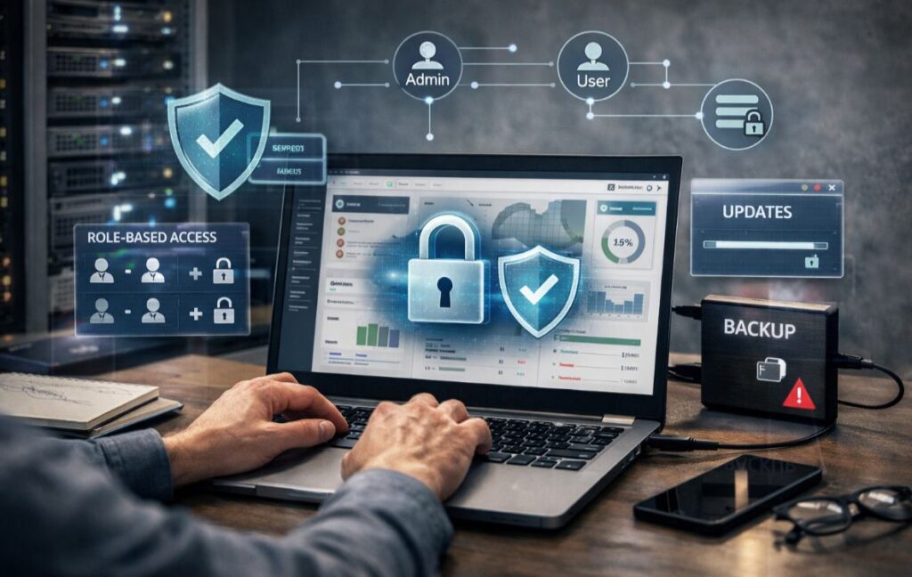 Property manager using property management software on a laptop with security icons showing role-based access, updates, servers, and data backup.