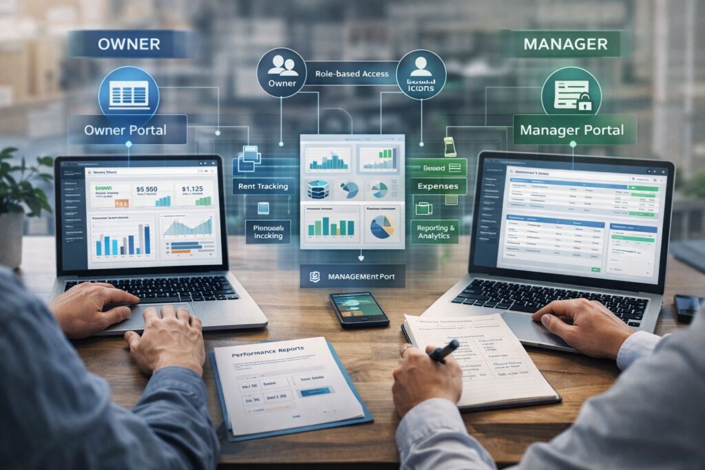 Property Management Software for Owners, Property Management Software for Owners vs. Managers, Rentok Realistic image of owner and manager using property management software on laptops with shared dashboard for rent tracking, expenses, reporting, and role-based access.