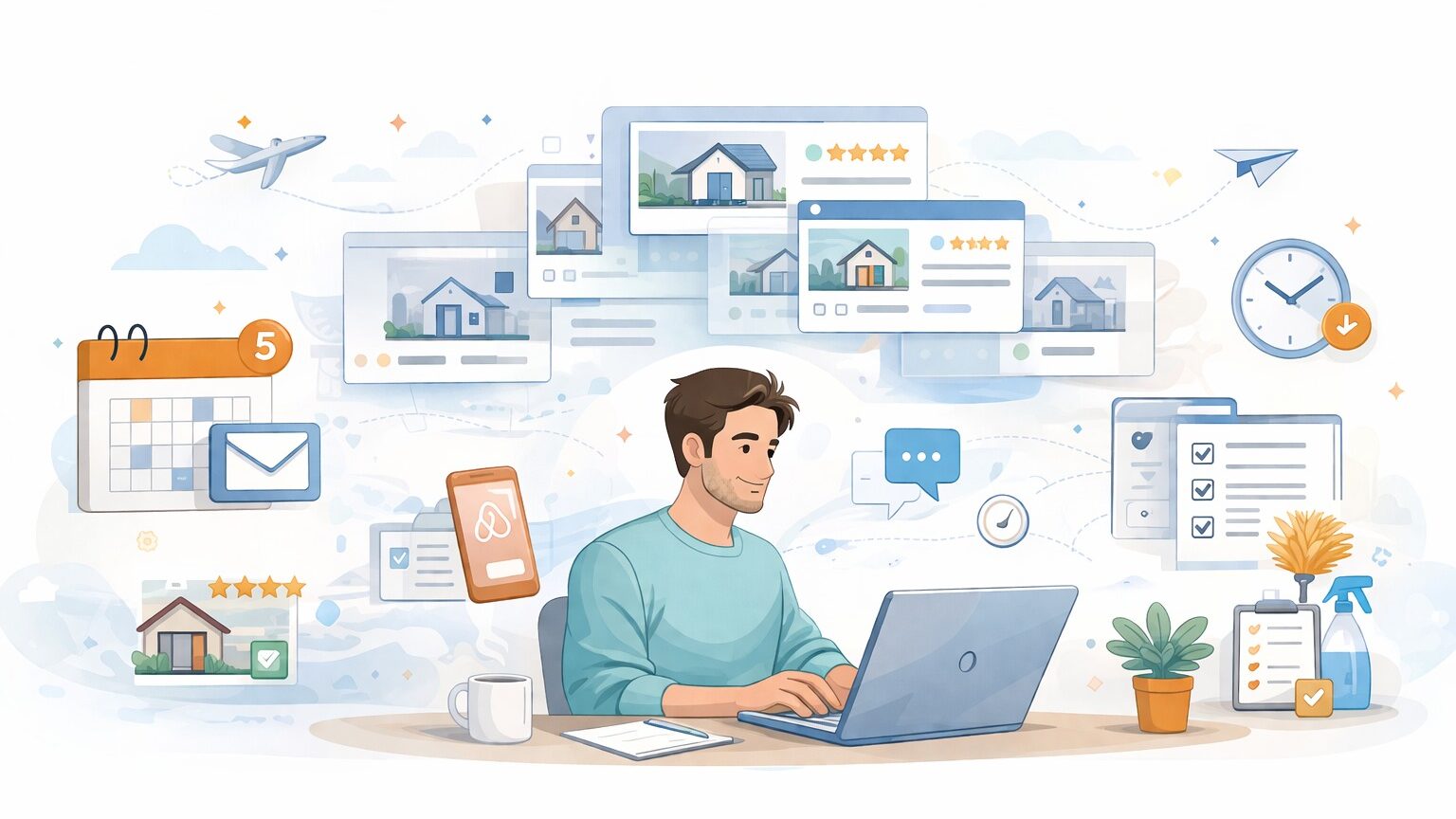 Airbnb booking management illustration showing host managing listings, calendar, messages, and property tasks