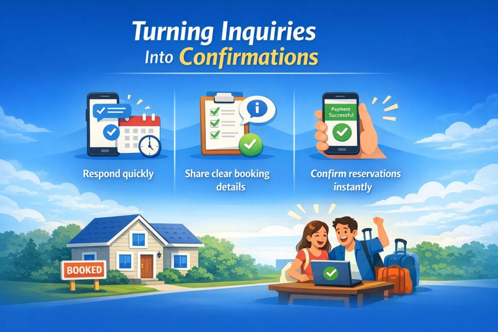 Clean 16:9 infographic titled &ldquo;Turning Inquiries Into Confirmations&rdquo; showing quick response, clear booking details, and instant reservation confirmation with icons and a happy couple confirming a booking near a vacation home.