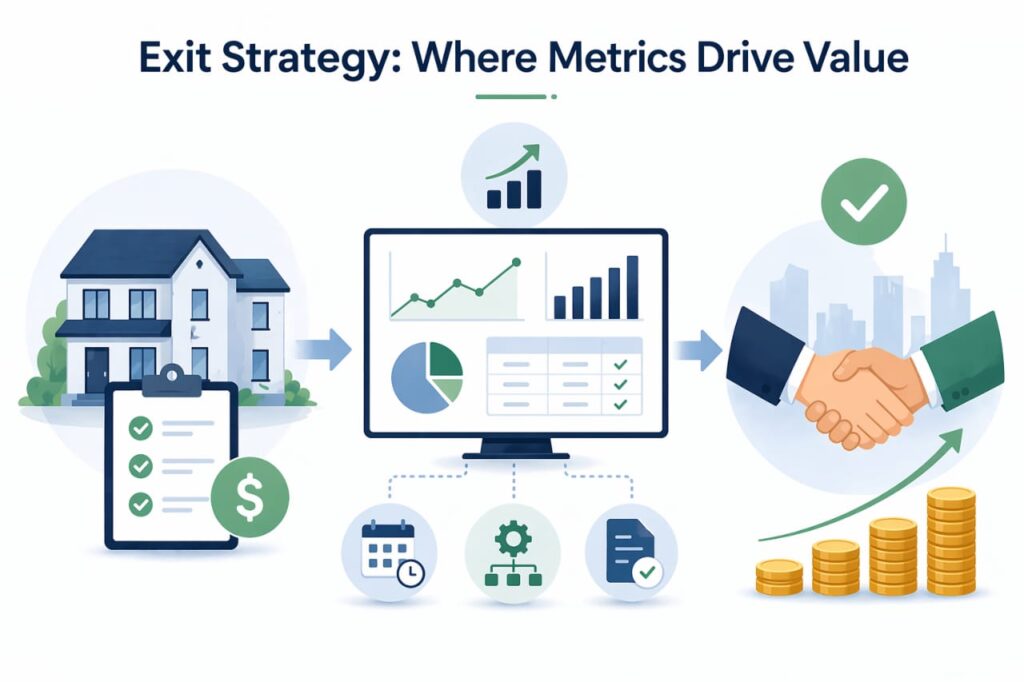 Property exit strategy infographic showing metrics, valuation growth, and investment planning