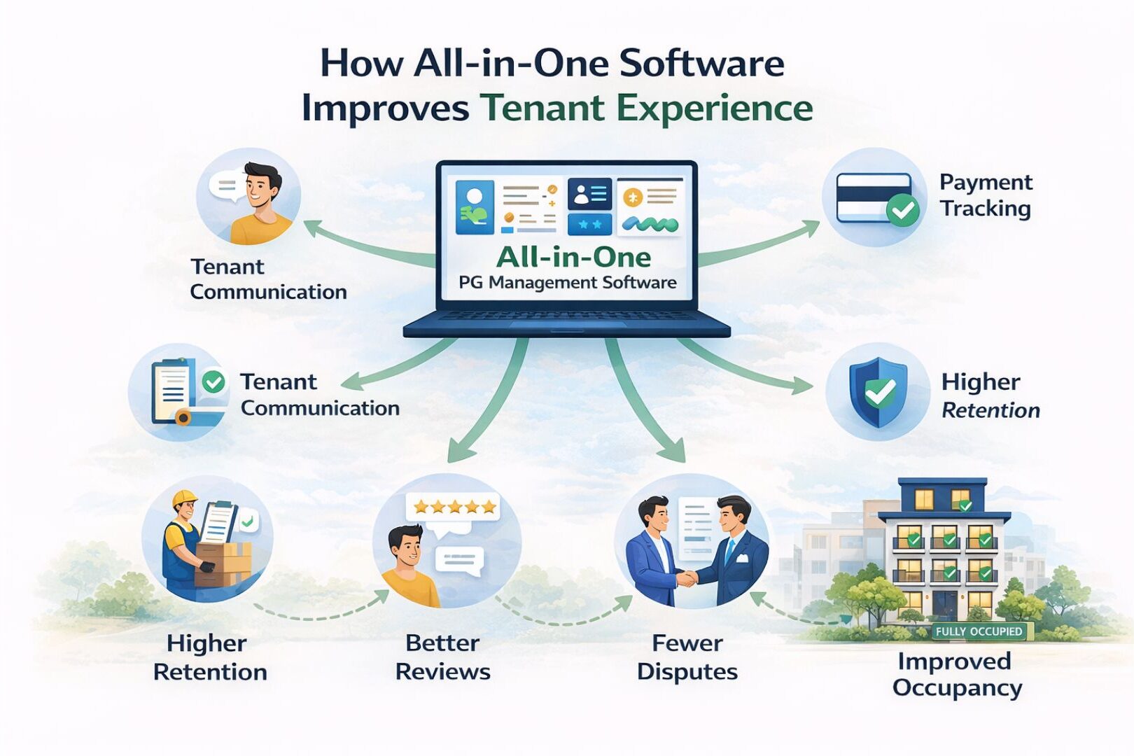 Infographic showing all-in-one software improving tenant experience and leading to higher retention, better reviews, fewer disputes, and improved occupancy.