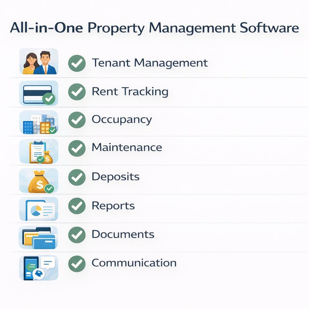 Professional checklist infographic showing features of all-in-one property management software including tenant management, rent tracking, occupancy, maintenance, deposits, reports, documents, and communication.