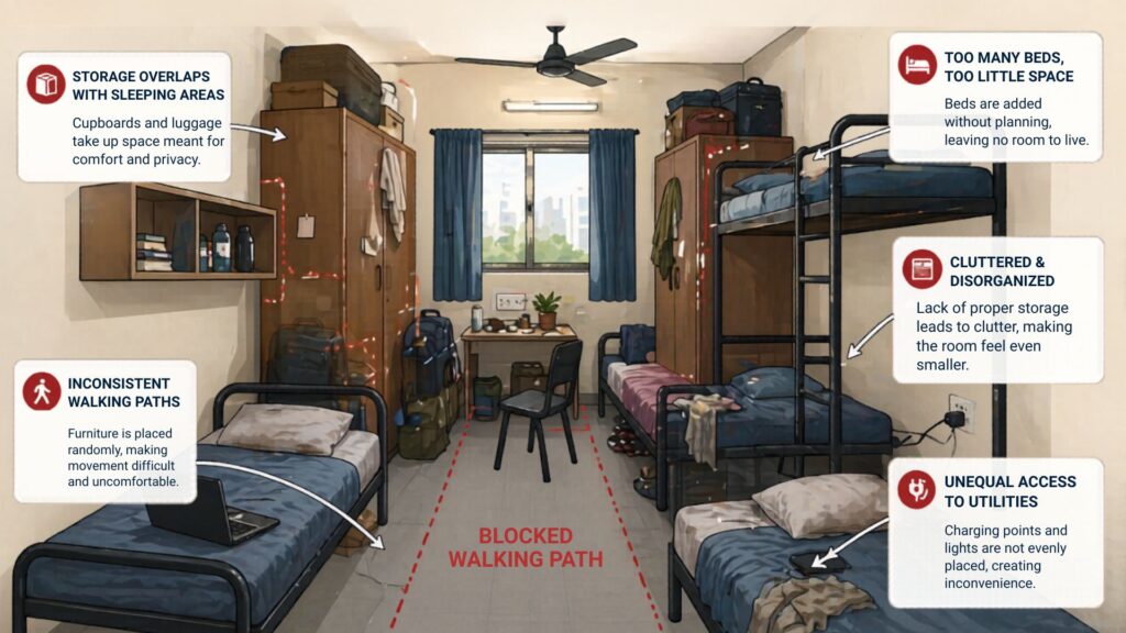 Overcrowded PG room layout highlighting common design mistakes like blocked movement space and cluttered furniture placement.