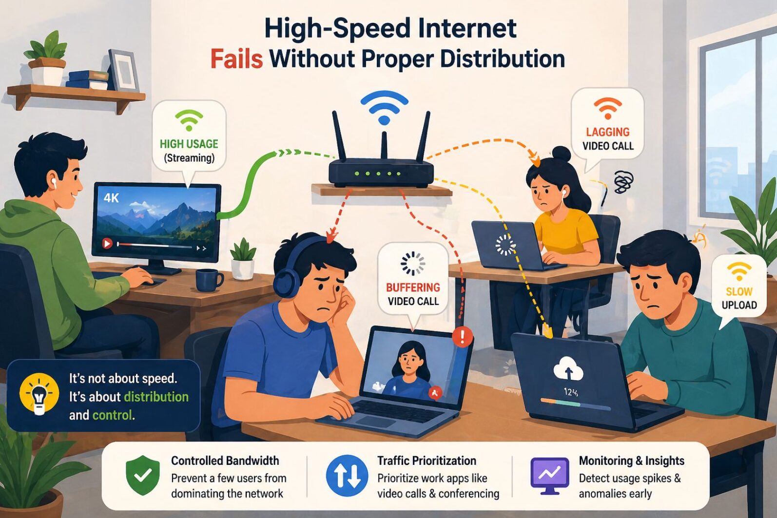 Illustration of a home Wi-Fi network where one user streaming heavily slows others, causing buffering, lag, and slow uploads. Message: internet performance depends on proper bandwidth distribution, not just speed.