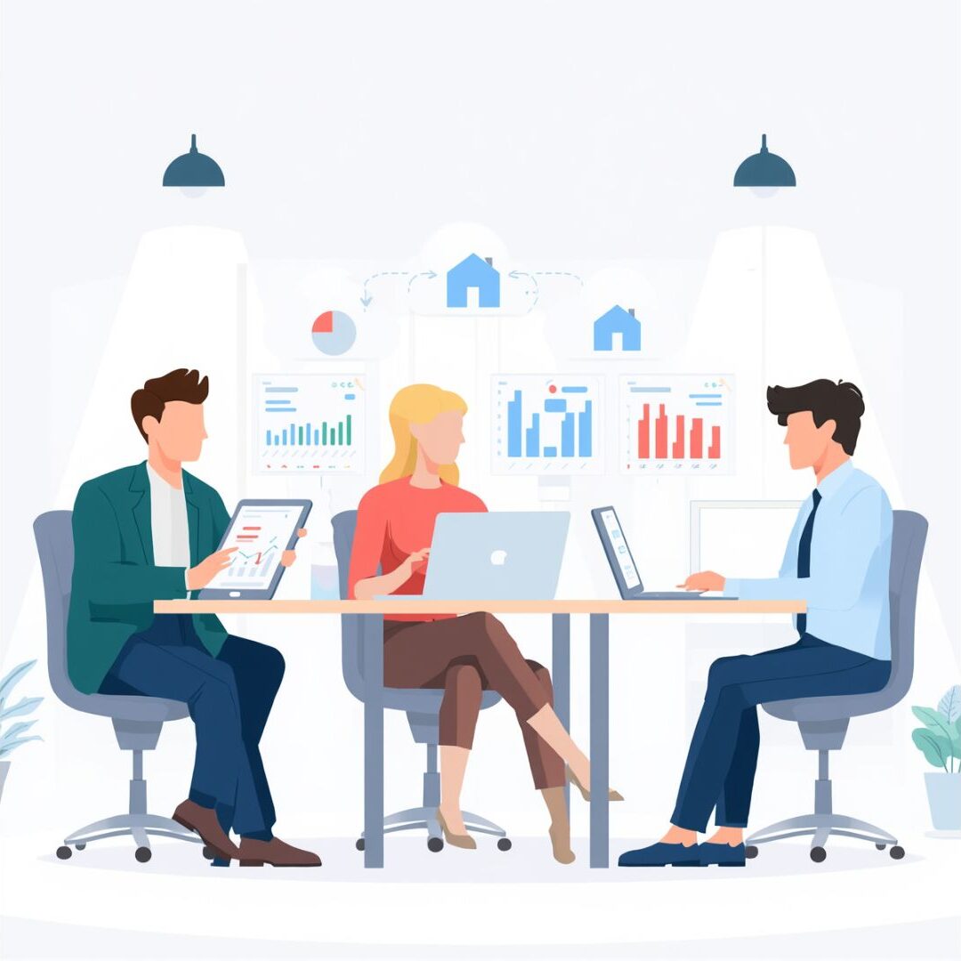 Illustration showing a property owner, property manager, and accountant working on different devices connected through cloud-based property management software, demonstrating team collaboration and real-time data access.