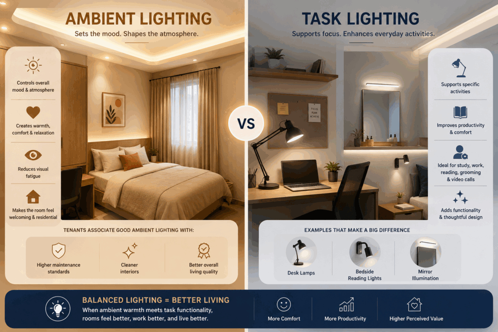 Role of Interior Lighting, The Role of Interior Lighting in Enhancing Room Value, Rentok Ambient vs task lighting infographic for PG and co-living rooms, showing warm ambient lighting for comfort and focused task lighting for study, work, and productivity.