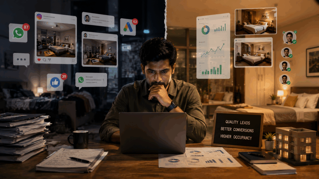 Cost Per Lead for PGs, Cost Per Lead for PGs: Are Your Ads Worth It?, Rentok Property manager analyzing rental marketing performance with social media leads, occupancy analytics, and tenant conversion data in a modern co-living business workspace.