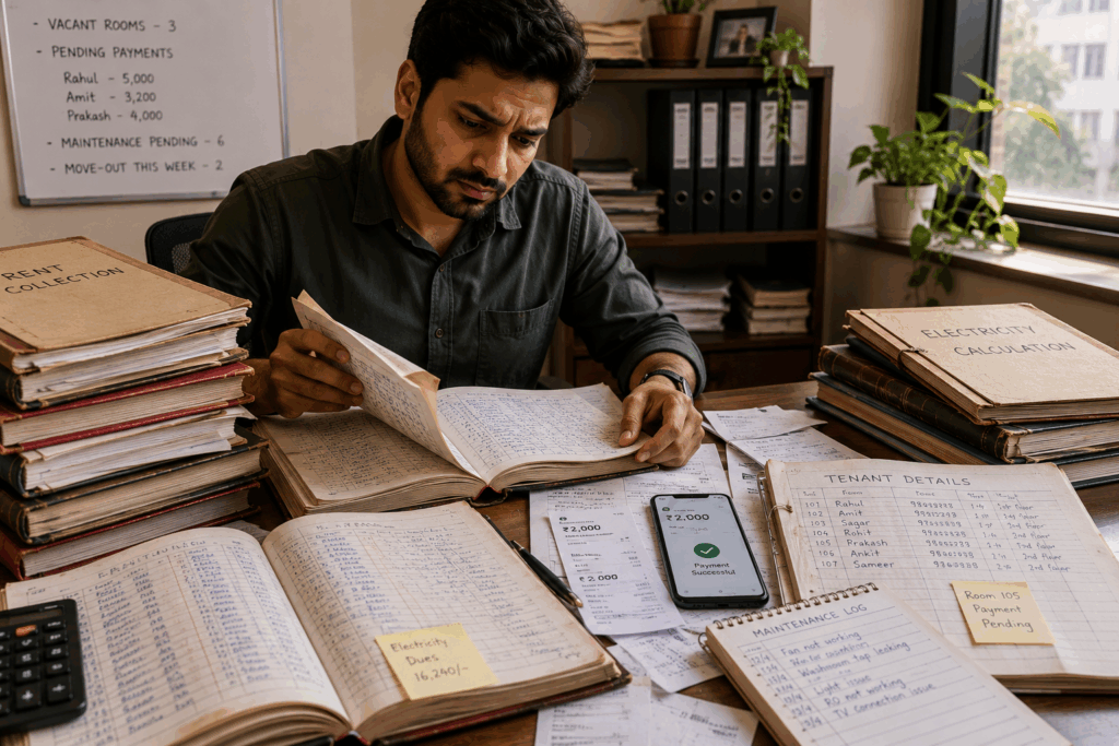 Property Management Apps, Property Management Apps to Replace Manual Registers, Rentok Property manager checking multiple registers, payment records, and tenant documents while managing rental property operations manually.