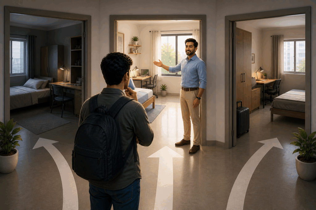 Tenant comparing multiple PG rooms during a guided property tour to make a rental decision