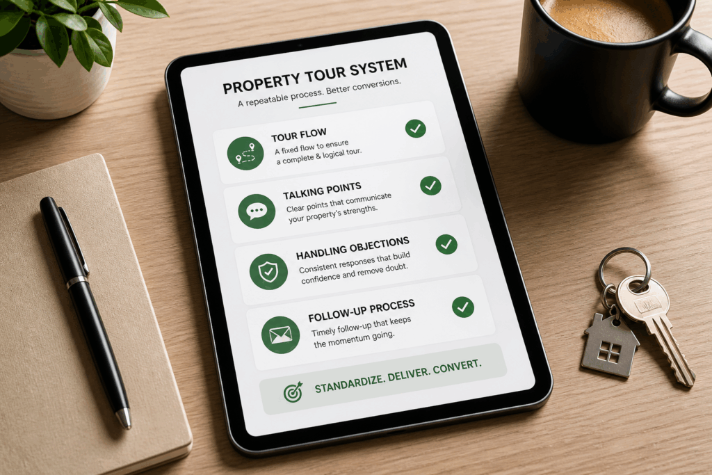 Top-down view of a tablet displaying a structured property tour checklist with tour flow, talking points, objection handling, and follow-up process on a clean workspace.