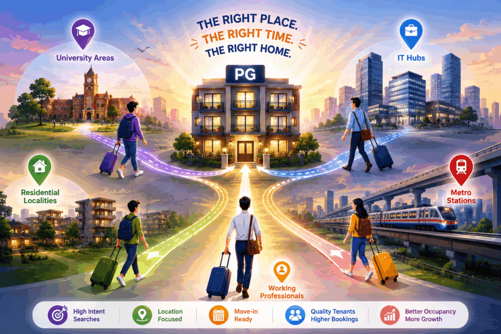 The Landlord’s Guide to SEO, The Landlord’s Guide to SEO, Rentok Illustration showing how location-focused SEO helps PG businesses attract high-intent tenants from university areas, metro stations, residential localities, and IT hubs, leading to better occupancy and long-term organic growth.