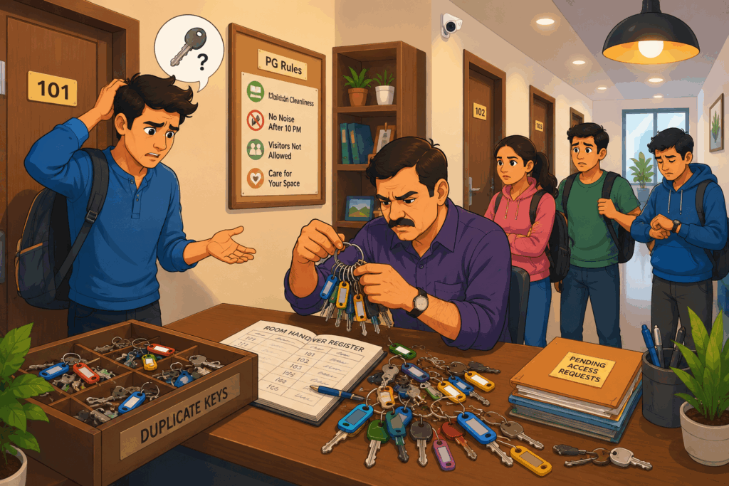 Illustration showing operational problems caused by traditional key systems in a PG, including lost room keys, duplicate key confusion, caretaker coordination issues, and delayed tenant access in a modern co-living hostel environment