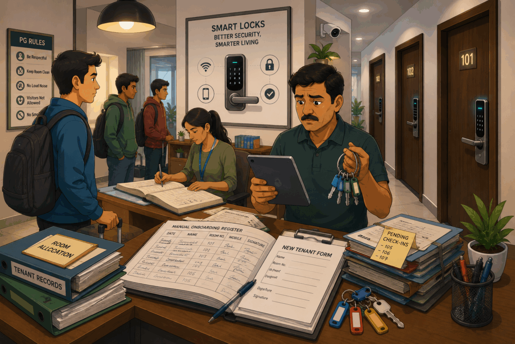 Illustration showing a PG operator using smart locks but still managing manual onboarding paperwork and physical key coordination, highlighting operational inefficiencies caused by poor smart lock implementation in modern co-living spaces