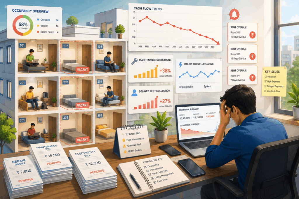 Predictive Analytics in Property Management, Predictive Analytics in Property Management: Forecast Your Cash Flow, Rentok PG cash flow forecasting dashboard with occupancy trends, rent analytics, and predictive property management insights.