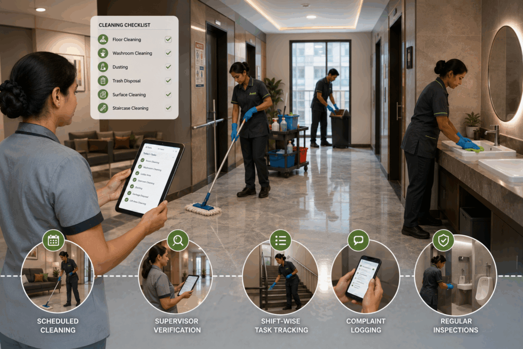 Professional housekeeping management system in a modern PG and co-living property showing cleaning staff, hygiene inspections, digital task tracking, supervisor verification, and scheduled cleaning operations for better tenant retention.