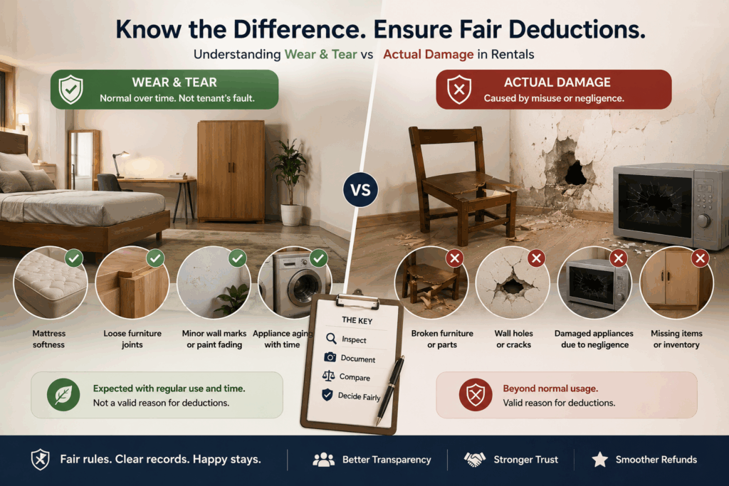 Handling Security Deposits, Handling Security Deposits: Legal Norms and Best Practices, Rentok Infographic explaining the difference between normal wear and tear vs actual damage in rental properties, showing examples of furniture aging, wall marks, broken appliances, and property damage for security deposit deductions in PGs and co-living spaces.